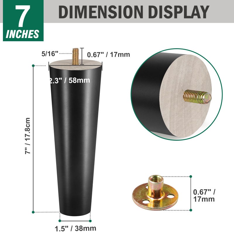 FoDau770 Black Rubber Wood Furniture Legs 7 Inches, Straight Tapered Wood Feet Mid Century Sofa Legs Set of 4, 5/16"" UNC Furniture Feet Replacement Parts for Cabinet Couch Dresser Chair Ottoman Table - Image 3